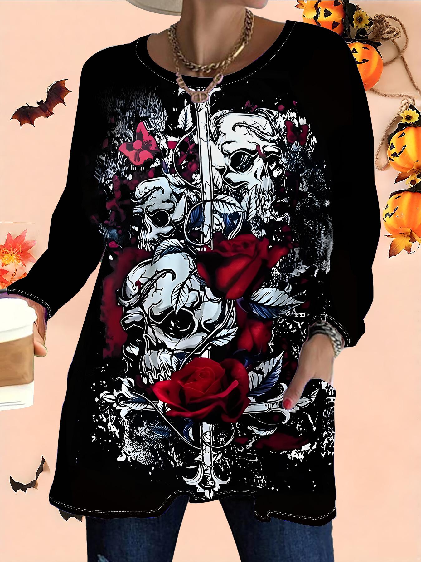 

2025 Осень Зима Новые Женские Топы Большого Размера, Модные Футболки с 3D-принтом на Хэллоуин с Круглым Вырезом и Длинным Рукавом 6XL красный