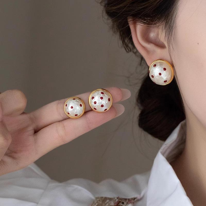 Hemisphere Red Polka Dot Pearl Stud Earrings Fashion Simple Earrings Natal Year Earrings