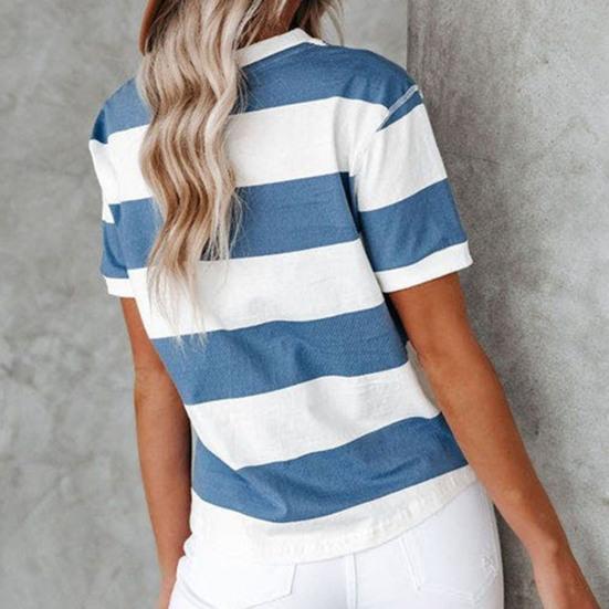 T-shirt ample à manches courtes et col rond pour femmes, rayé bleu et blanc imprimé, blouse d'été streetwear