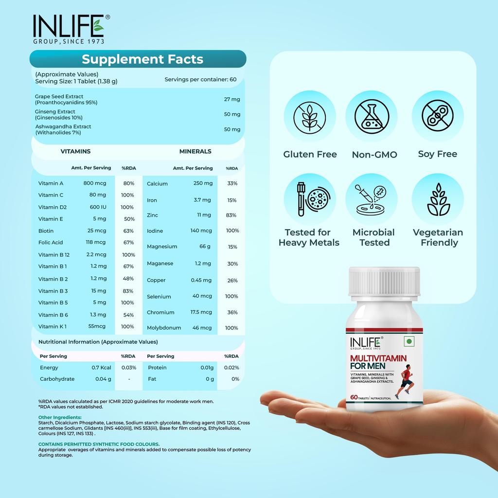 INLIFE Multivitamin Supplement for Men, 23 Vitamins Minerals, 60 Tablets