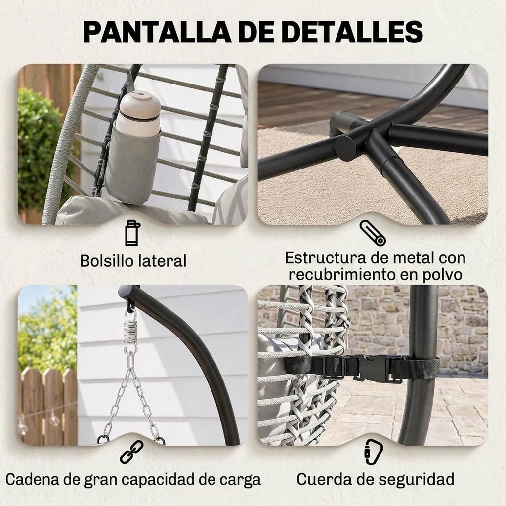 Hanging Chair with Stand, Folding Basket, Cushion, Headrest, 120 Kg Load Capacity, Grey and Black