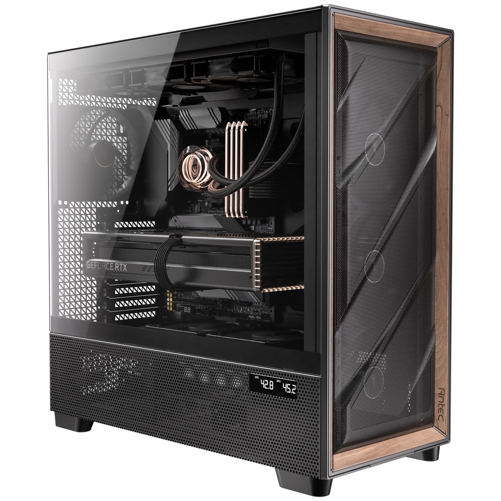 

ANTEC FLUX PRO is a cooled full tower PC case using tempered glass panels and wood.