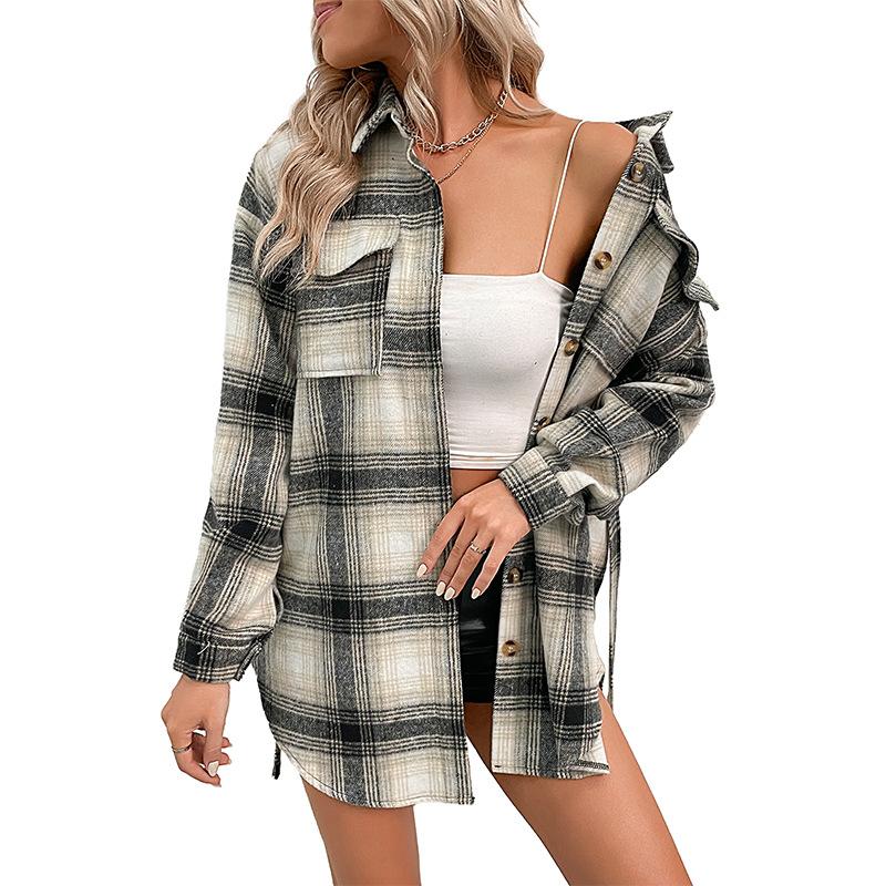 Casual Trend Versatile Autumn and Winter Women's Long Section Plaid Shirt Jacket Women