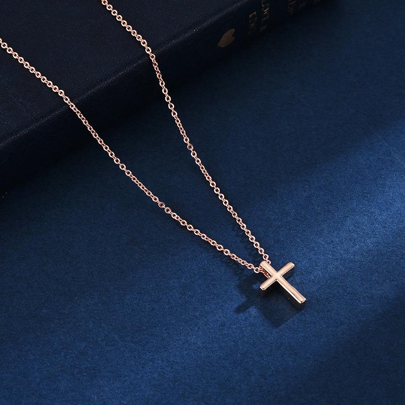 PANJBJ S925 Sterling Silver Korean Personality Glossy Cross Necklace Ladies Simple And Versatile Pendant Chain NecklacePANJBJ