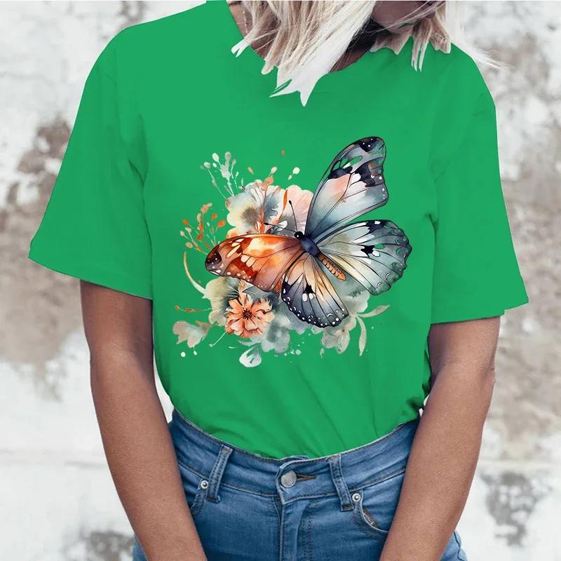 High quality  Flowers Butterfly Printing cottonn Fashion Short Sleeve Summer Cool Hip Hop Top woman
