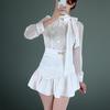 New Arrivals Open Run Women Sheer Flower Ribbon Tie Blouse