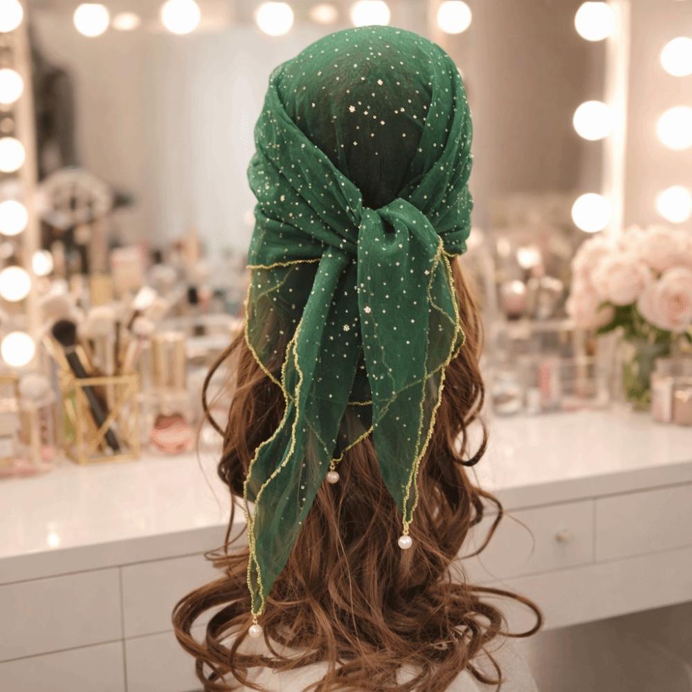 Pearl Tassel Rhinestone Square Scarf Lace Trim Solid Color Full Sky Star Headwrap Breathable Fabric Hair Wrap