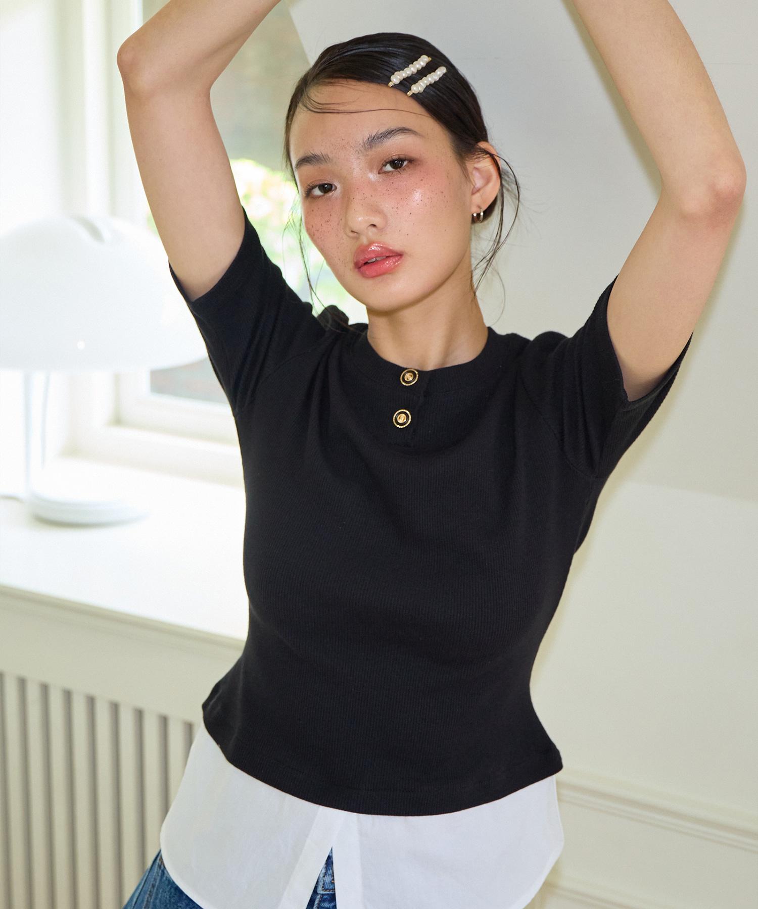 Salon De Yon Shirt Detail Round-Neck T_ Black M