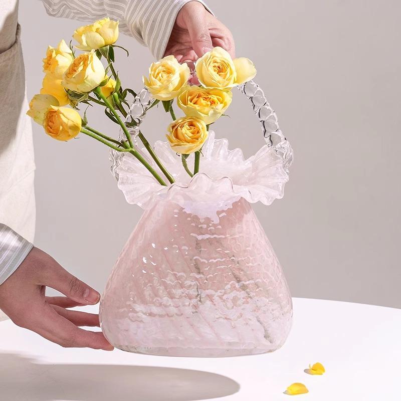 Luxus-Handtaschen-Vase Glas-Blumenkorb für Wohnzimmer Heimdekoration Blumengesteck