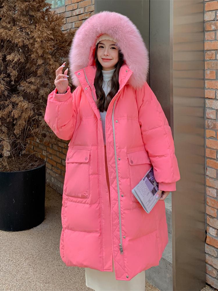 Plus Size Long Down Jacket for Women with Fur Collar and Hood, 300 Jin Capacity