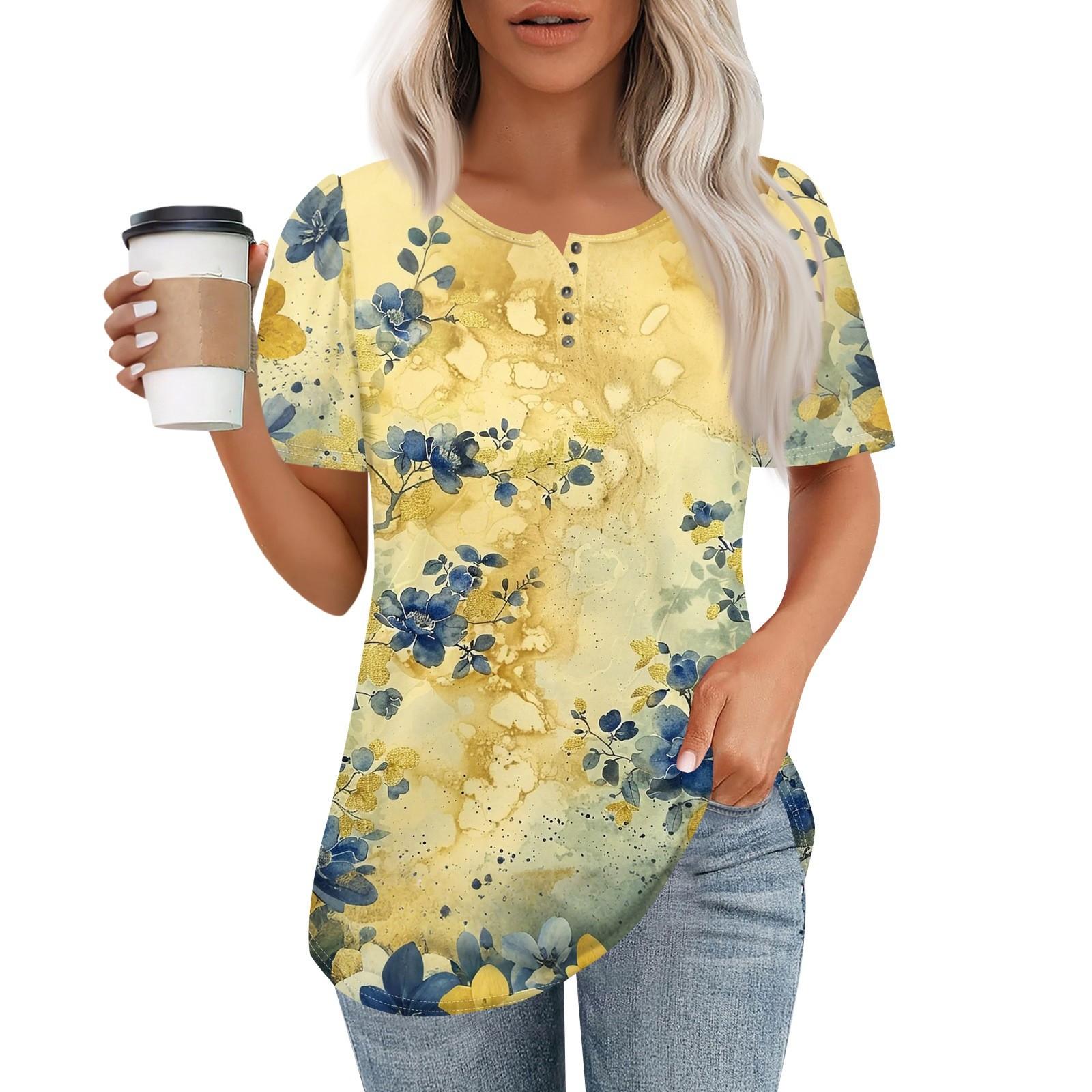 

Женский модный повседневный короткий рукав пуловер с принтом на пуговицах и круглым вырезом XL жёлтый