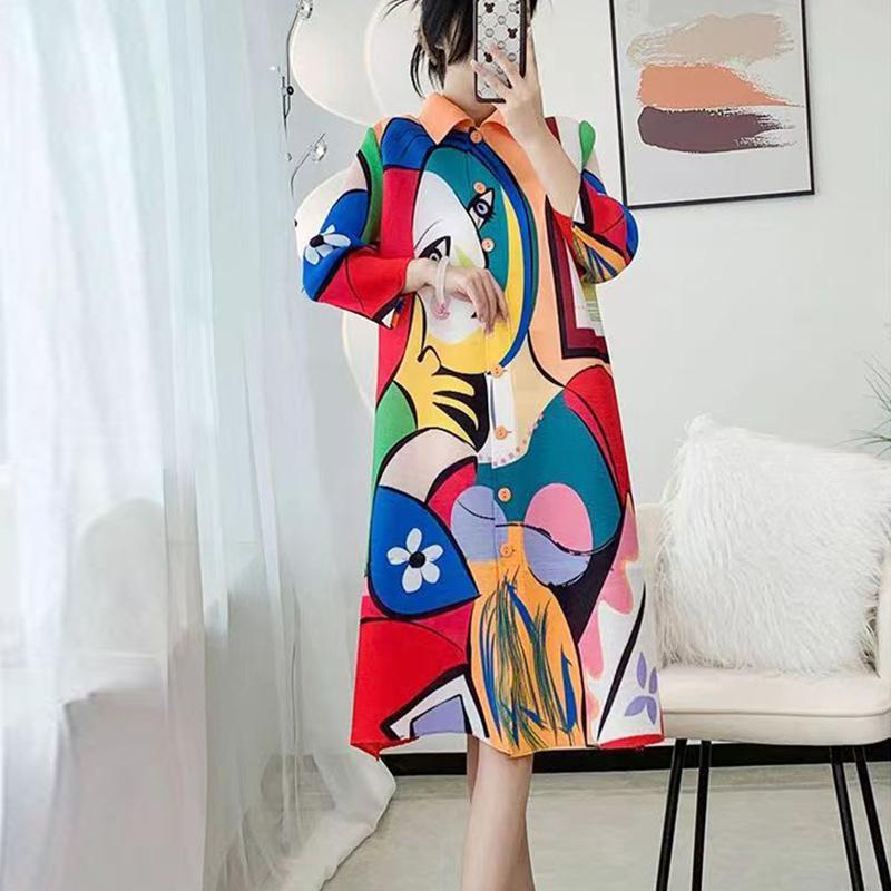 

Морщинистое весеннее новое модное платье-кардиган с откидным воротником и принтом, женский стиль, для молодых людей и детей поменьше, прикрывающее мясо трапециевидной формы XL оранжевый