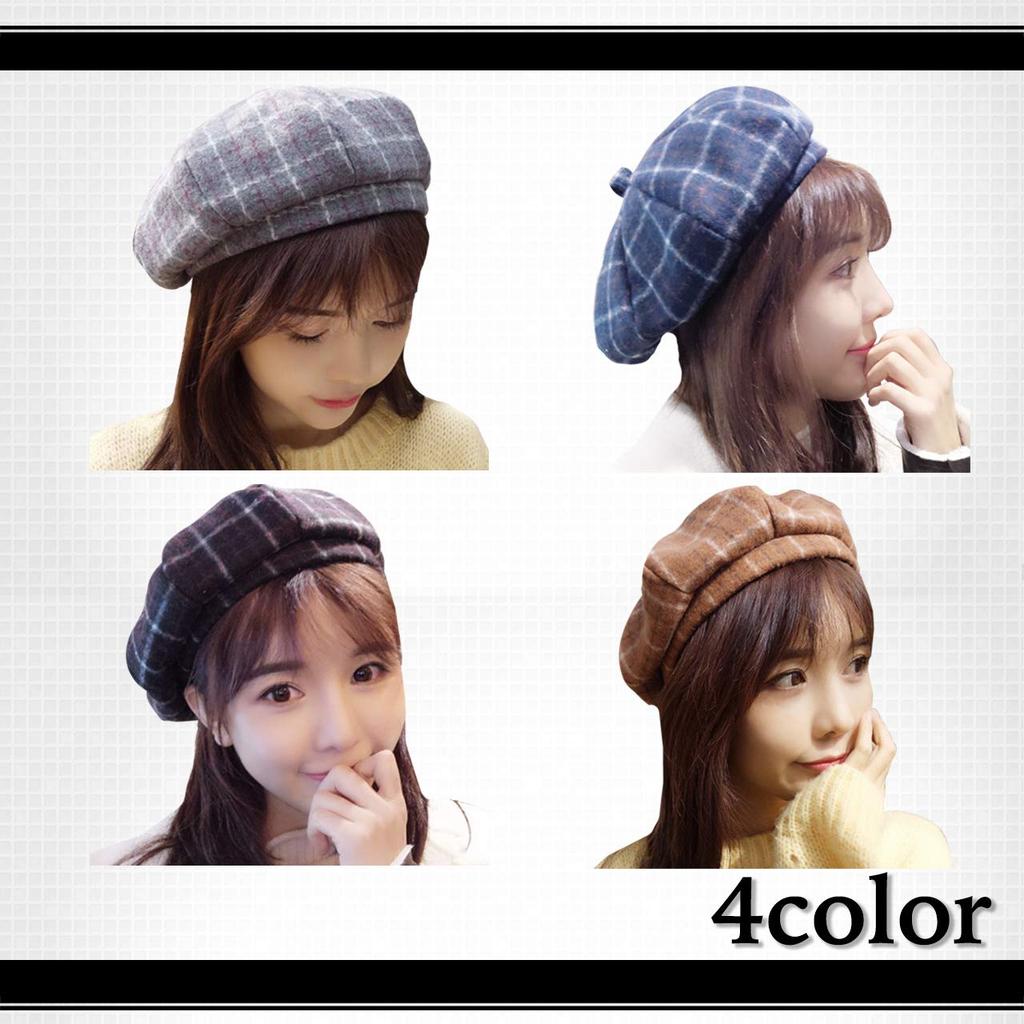 WHITE FANG Check Beret Hat Cold Protection Hat Wool Cap Stylish CA450 Autumn/Winter Women's (01 Gray)