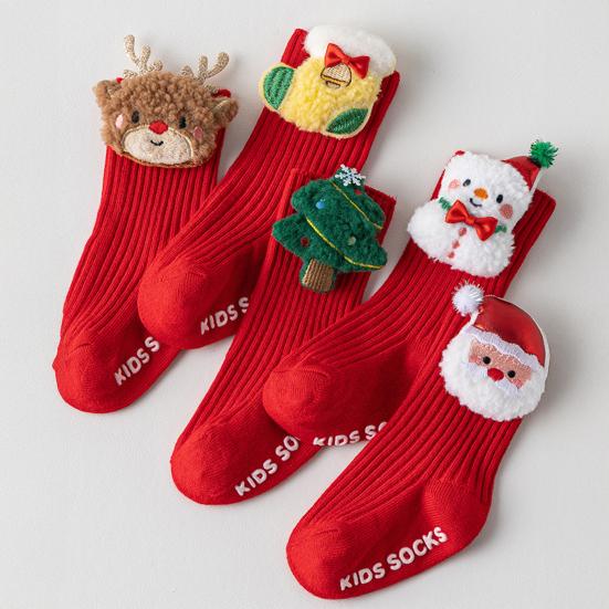 1 Pair 3D Knit Christmas Baby Socks Soft Cotton Novelty Socks with Doll Design Anti-Slip Bottom Socks for Toddlers