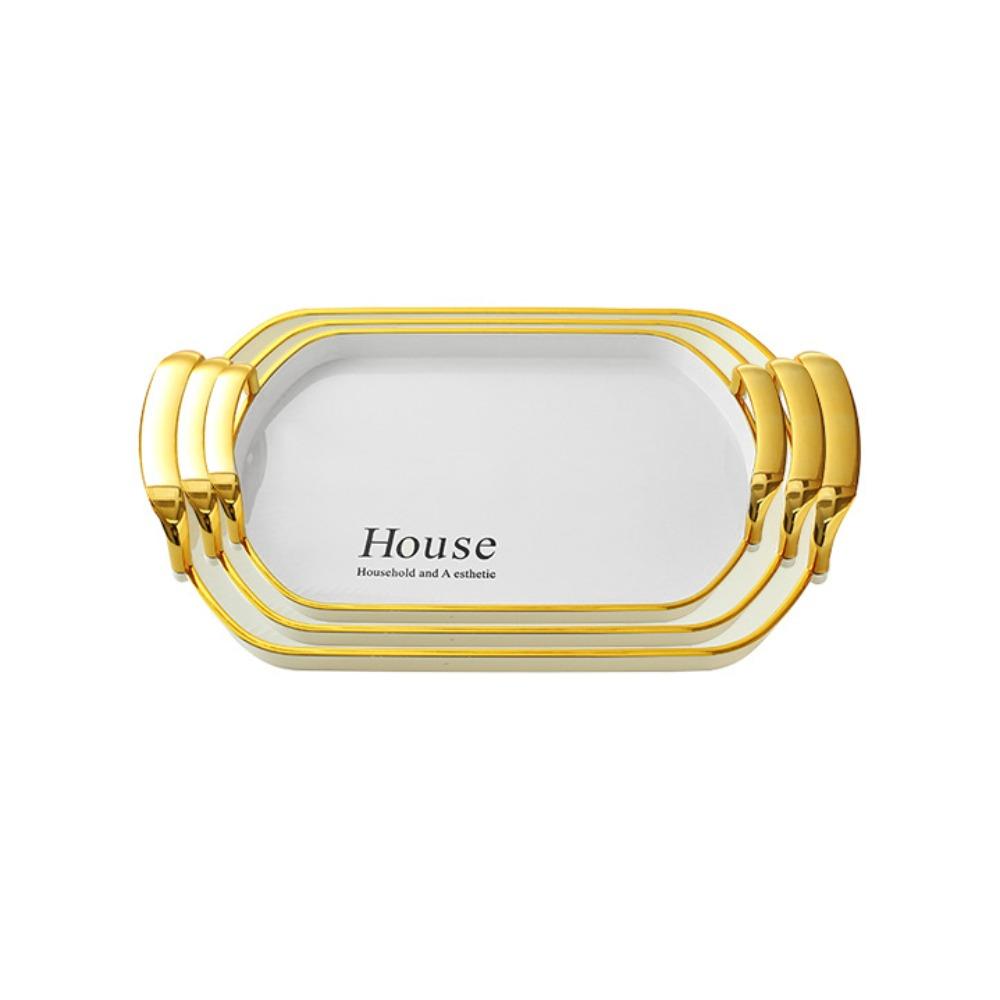 3PCS Light Luxury Plastic Tea Tray Set Golden Handle Rectangular Dessert Tray Stackable Thickened Brunch Tray Fruit