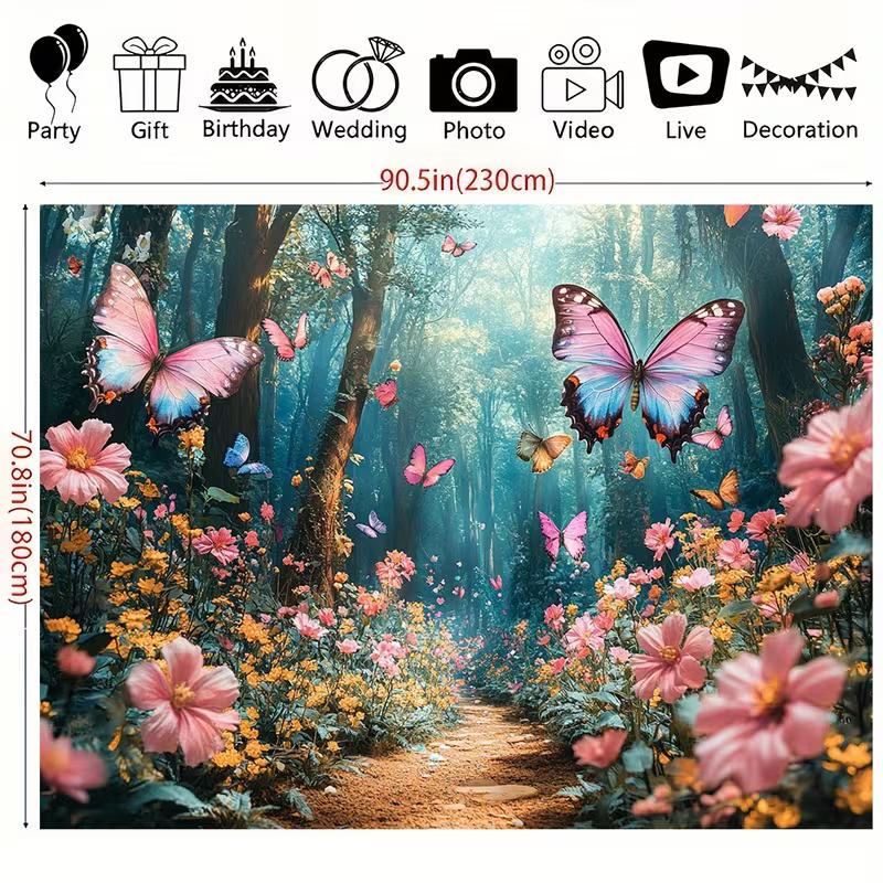 2D Magical Enchanted Forest with Butterflies and Floral Path Photo Booth Background 47.2x31.5inch/120*80cm