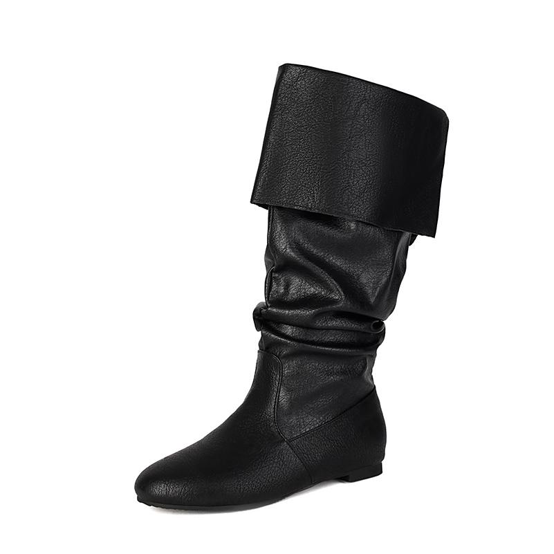 Plus Size Cracked PU Flanged Round Toe Classic Retro Western Boots Autumn New Flat Bottomed Mid-Calf Boots