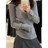 Korean-Style Gray Knit Slim-Fit Women's Long Sleeve Low Neck Top for Early Spring