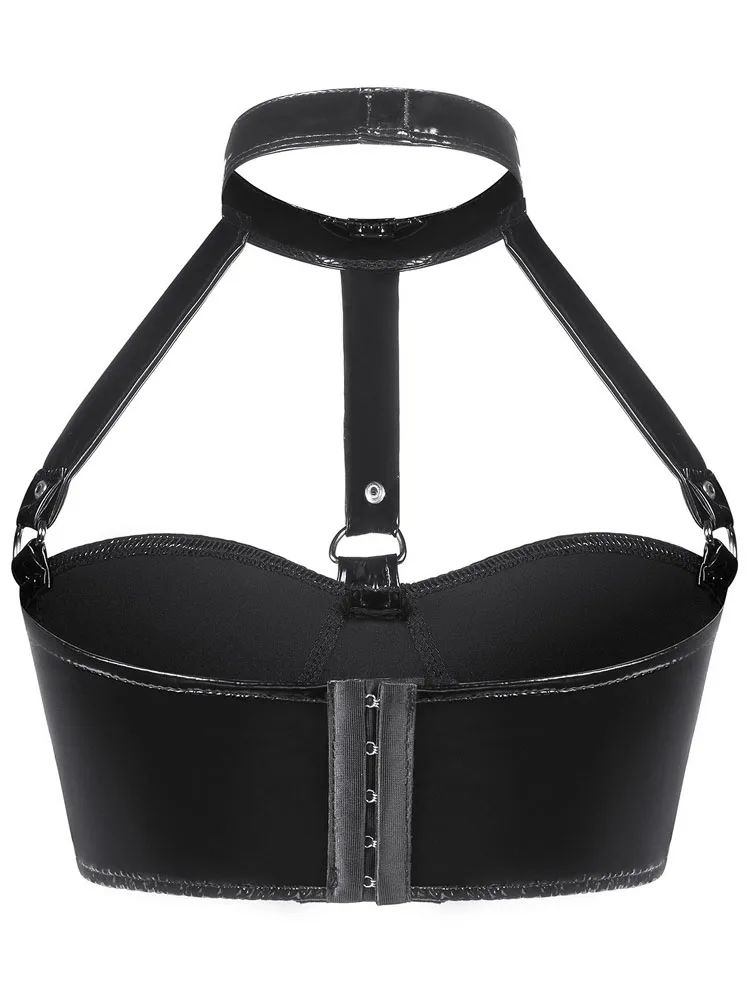 S-3XL Błyszczące Sztuczna Skóra PU Krótkie Top Halter Biustonosz Top Rajstopy Seksowny Clubwear Krótki Top Koszulka
