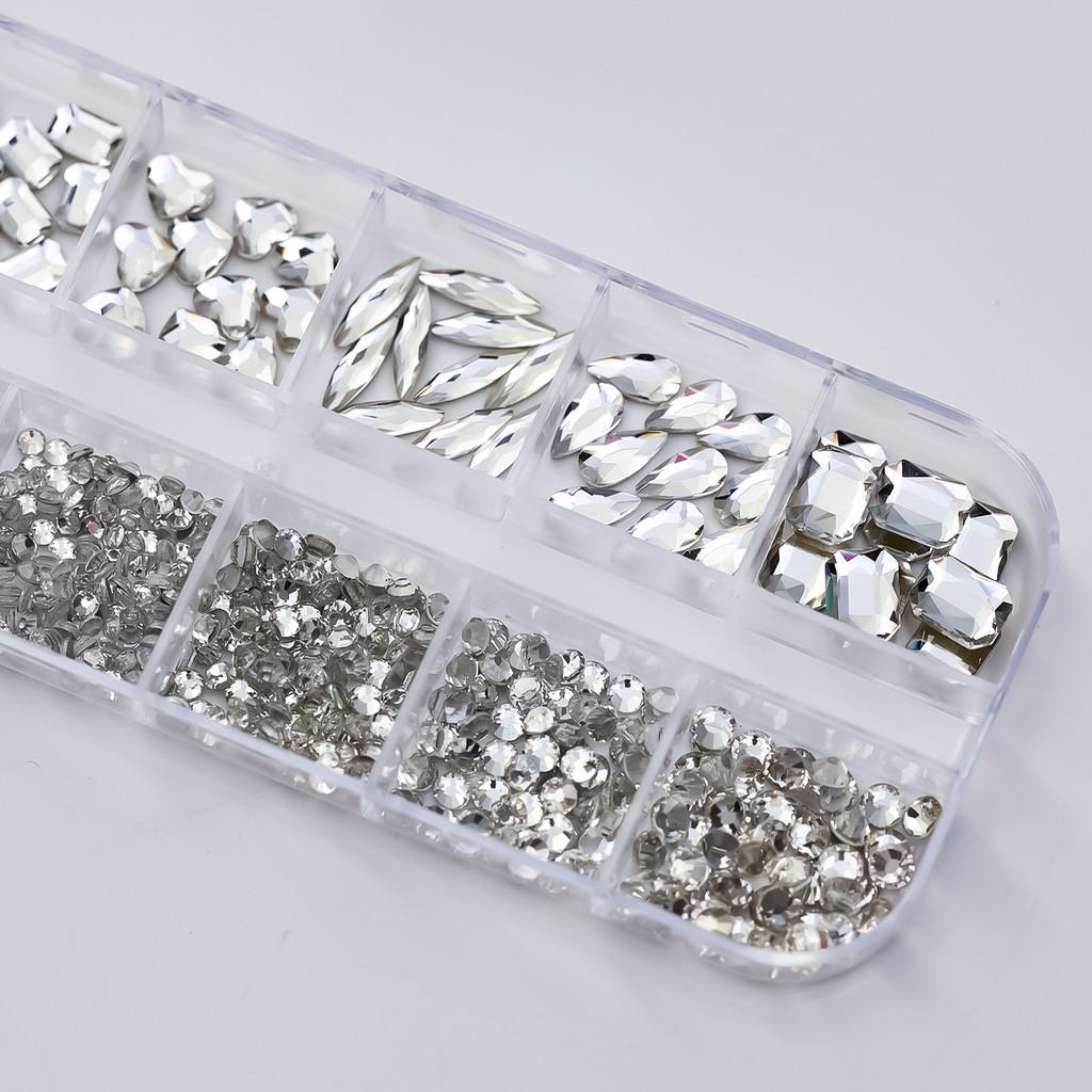 12Grids Flatback Glass Nail Art Rhinestone Multi-shape Crystal Nail Art Gemstones Nail Accessory