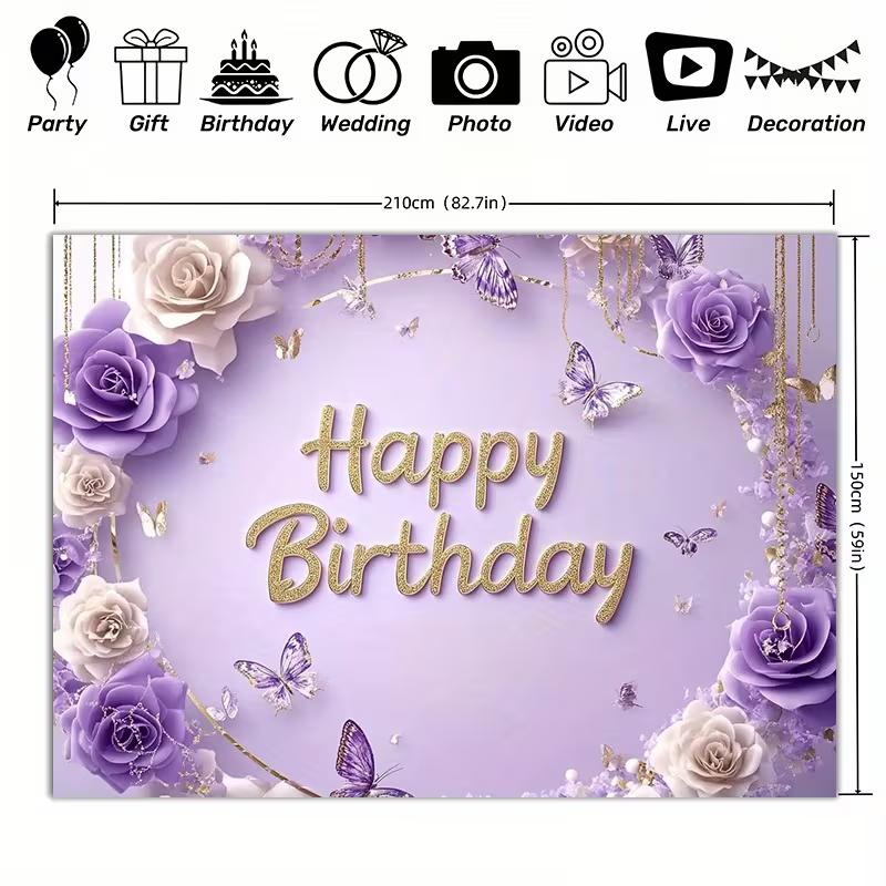 2D Lavender Floral Butterfly Happy Birthday Backdrop Purple Gold Party Photo Background