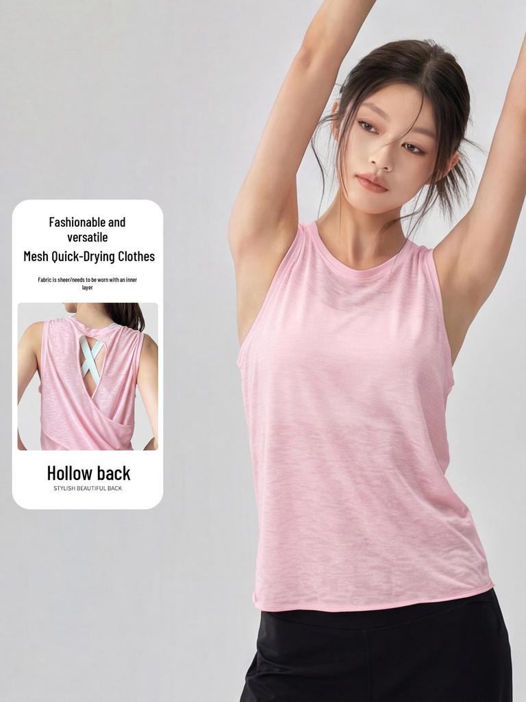 Hollow-Back Mesh Yoga Top with Bamboo Yarn, Quick-Dry Fitness Cover-Up, Women's Open Back Round Neck Sports Tee