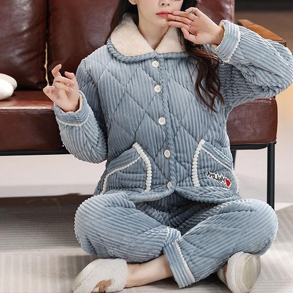 Süße warme wattierte Baumwolle kann draußen getragen werden dreilagiger Pyjama Damen Winter Loungewear verdickt saisonal große Größe
