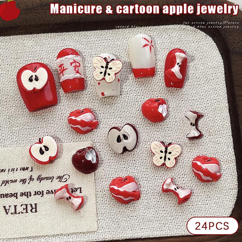 24Pcs/Box Creative Red Apple Resin Nail Charms Fruit Flatback Nail Art Slices Sweet Accessories For Diy Nail Art Decorations