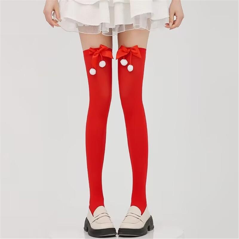 Christmas Thigh High Stockings Over the Knee Socks Halloween Cosplay Costumes for Womens Red Thigh High Socks with Bows