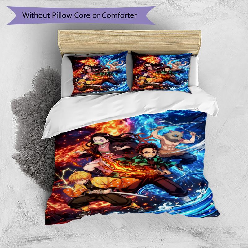 3pcs Duvet Cover Set (1*Duvet Cover + 2*Pillowcase, Without Core), Demon Slayer Print Bedding Set, Bedroom Decor, All‑Season, Gift