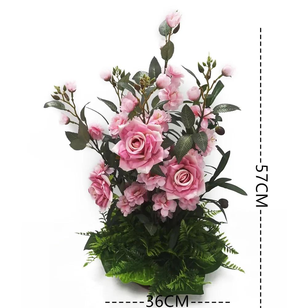 Home Decoration Artificial Flower Potted Roses Cherry Blossom Plants And Green Grass Mixed Placed Birthday Desktop Potted Plant