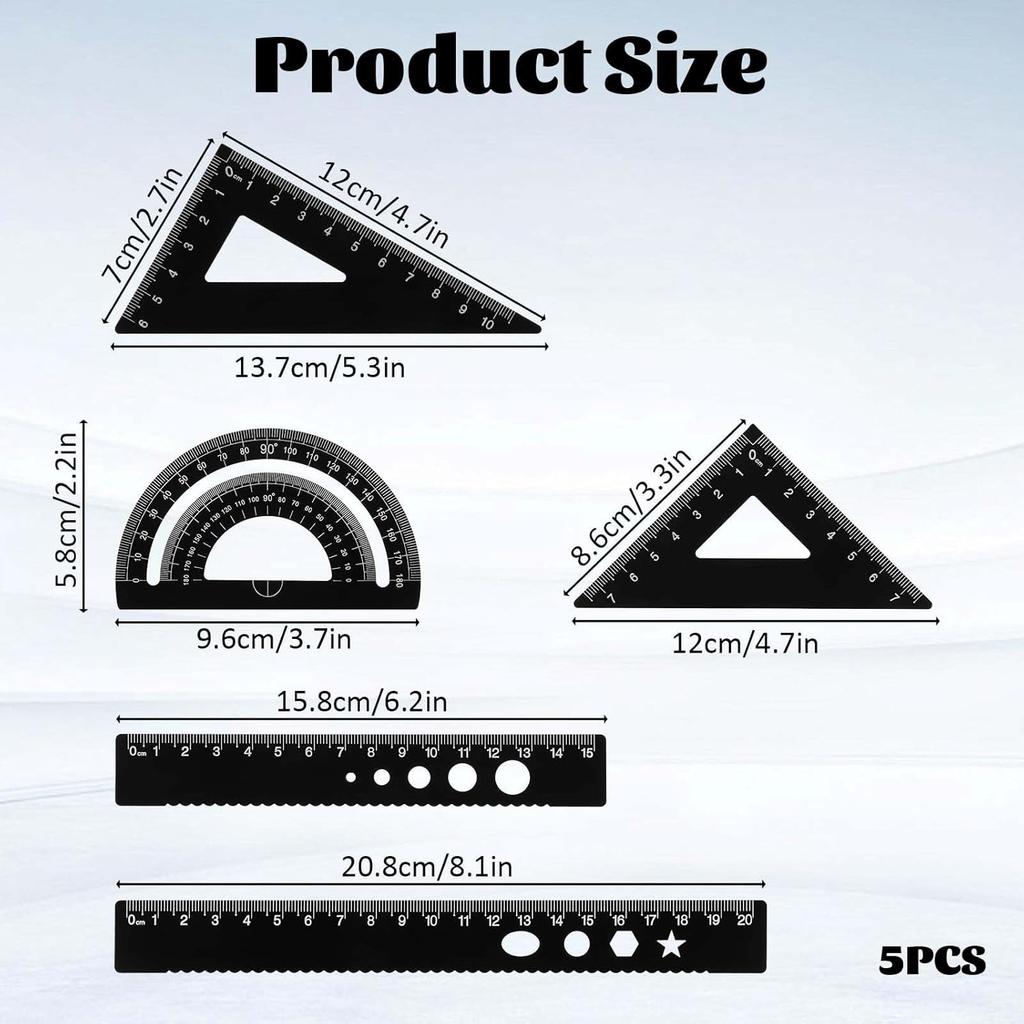 5Pcs Metal Geometry Set, Math Drafting Ruler Kit Aluminum Triangle Rulers Metal Ruler Drafting Tools, Metal Triangular Scale Ruler Set, Protractor,