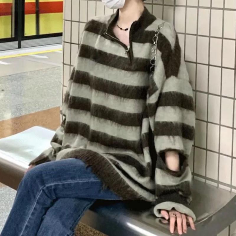

Pullover Striped Sweater Coat for Women Autumn and Winter Loose and Wear Vintage Long Sleeve Casual Sweater Female One Size коричневый