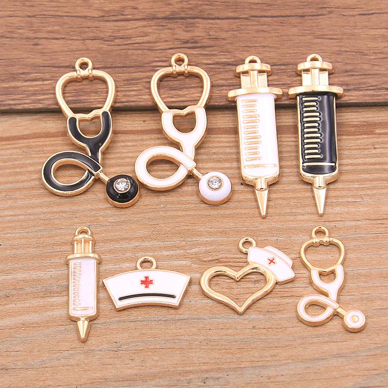 6 Style Medical Charm Jewelry: Drip Oil Stethoscope, Syringe, Heart Pendants in 2 Base Colors