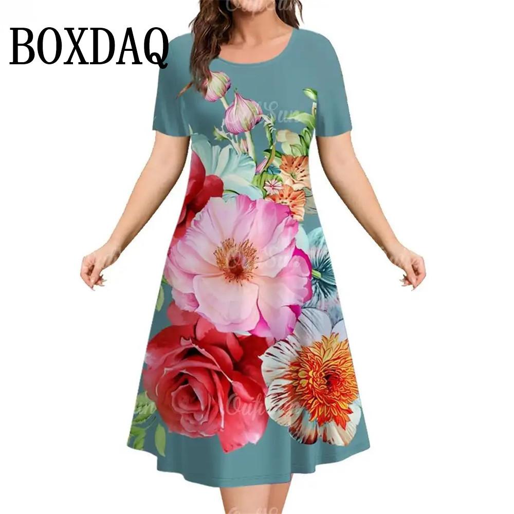 

Летние женские платья с круглым вырезом и коротким рукавом с 3D-принтом и красными цветами, свободные платья больших размеров, новое платье 3XL