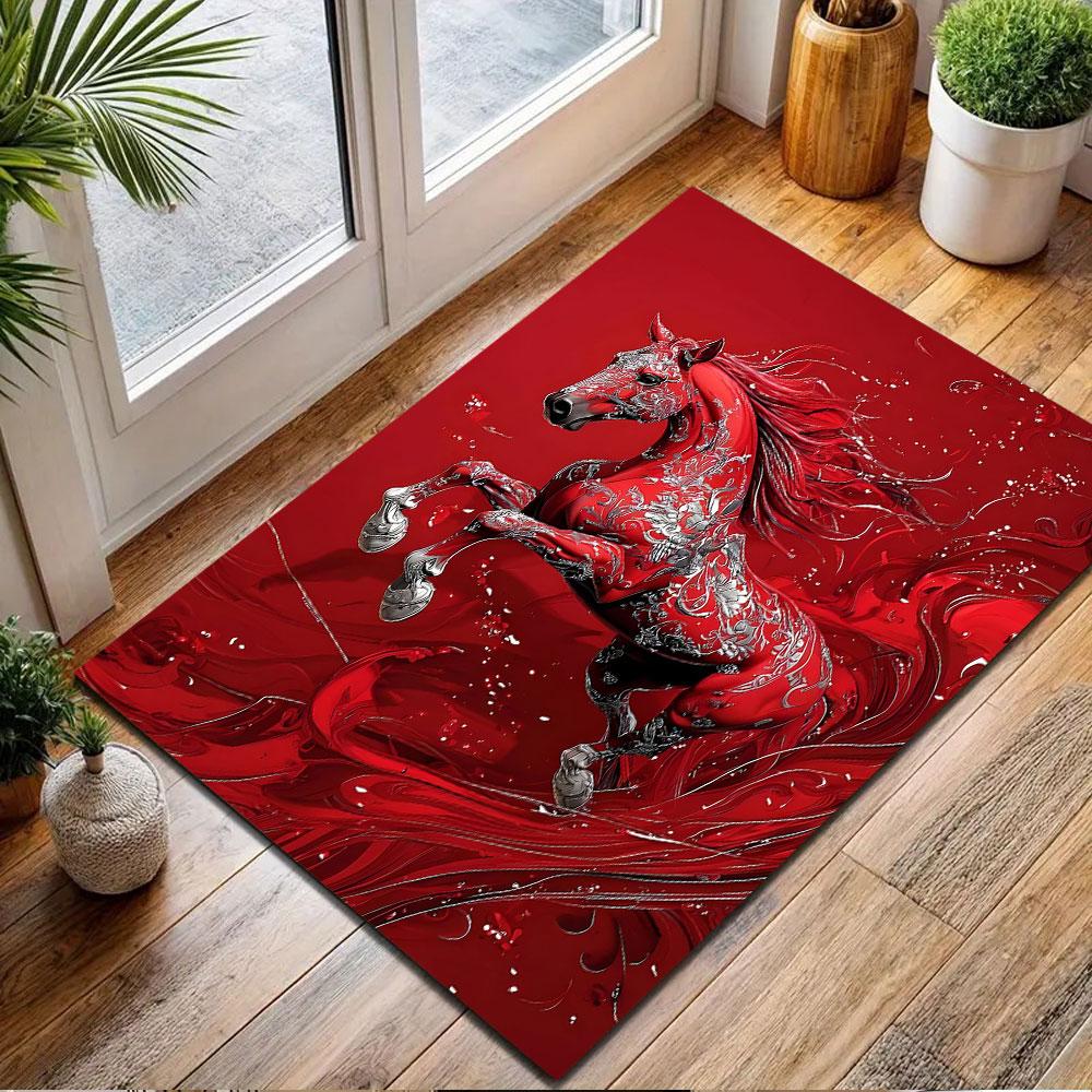 Red Horse with Ornate Floral Patterns Patterned carpet, non slip mat suitable for living room and bedroom sofas