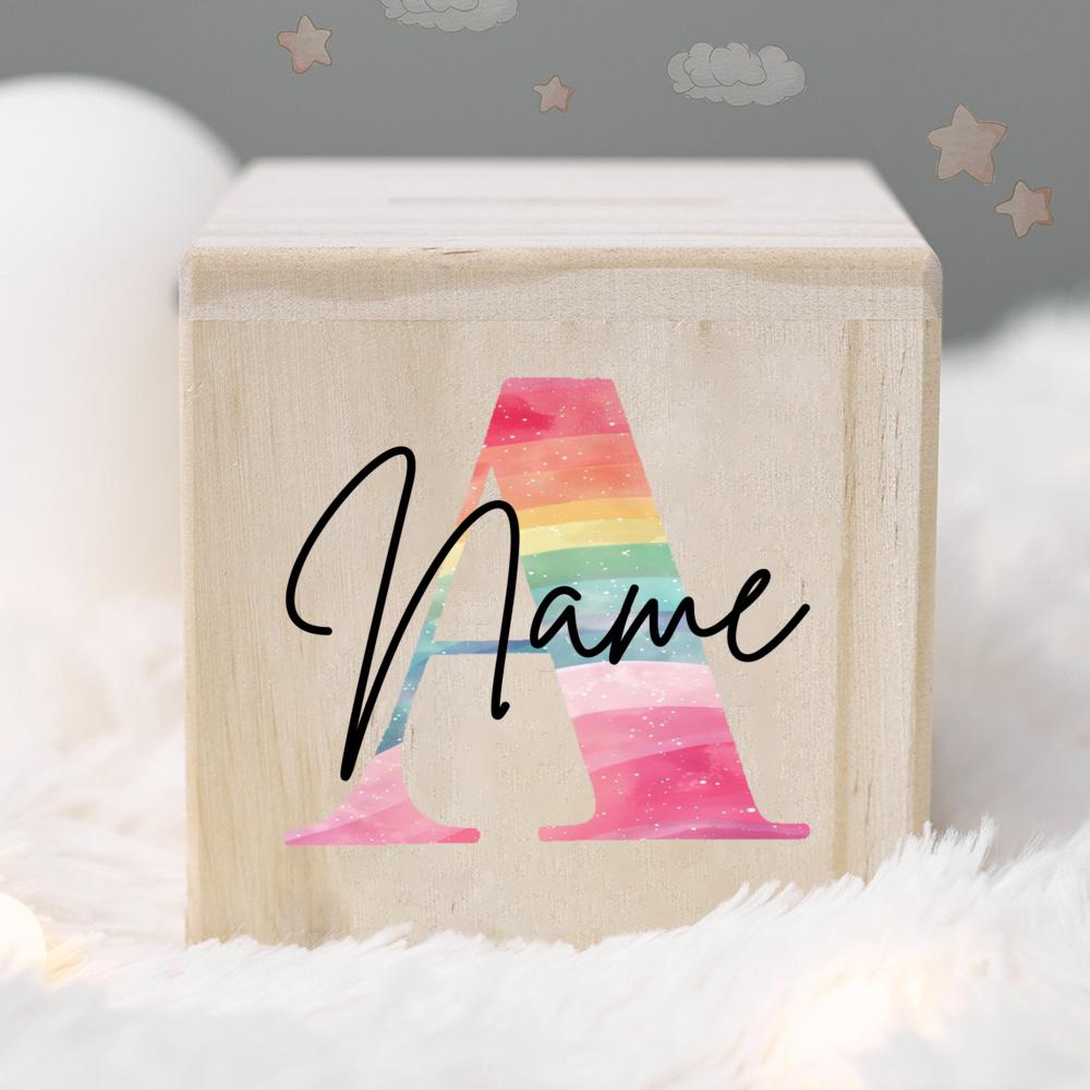 Personalized Money Box Kids Money Boxes Rainbow Letter with Name Coin Collection Box Wooded Coin Bank Child Birthday Shower Gift