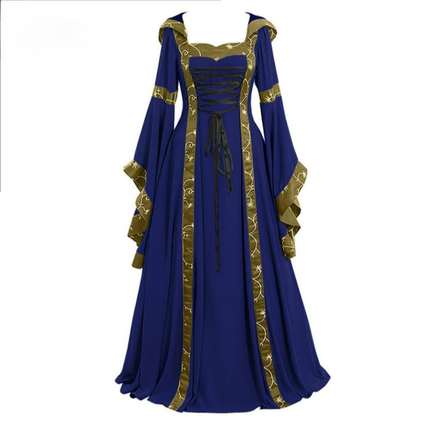 Medieval Retro Hooded Dress, Square Collar, Lace-up, Flared Sleeves, Big Skirt