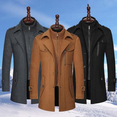 Men Woolen Coat Stand Collar Lapel Long Sleeve Solid Color Mid-length Business Coat Zipper Button Closure Work Windbreaker