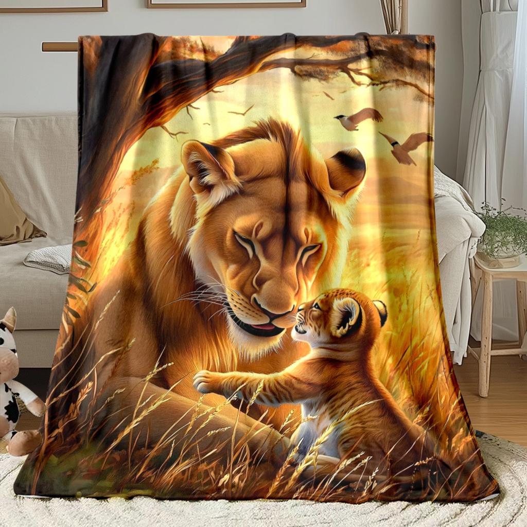 1pcLion Mother and Cub African Savanna Sunset Flannel Blanket Wild Animal Print Soft Warm Throw Blanket for Bed Living RoomDecor