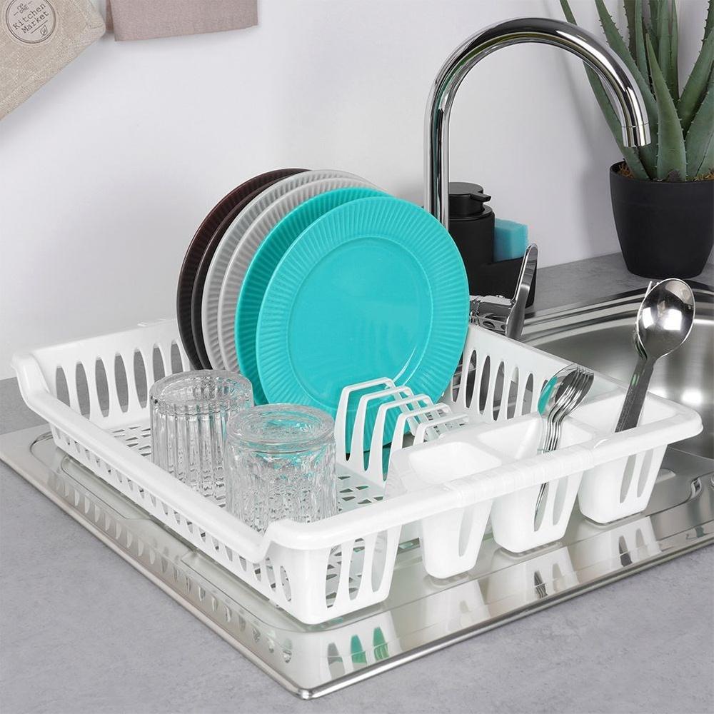 White Dish Drying Rack with Drip Tray 46x37cm