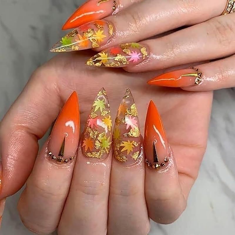 Fall Leaf Press On Nails Thanksgiving Fake Nails with Rhinestones Design Long Almond Autumn Acrylic Nail Glossy Maple Leaves Glue On Nail for Women