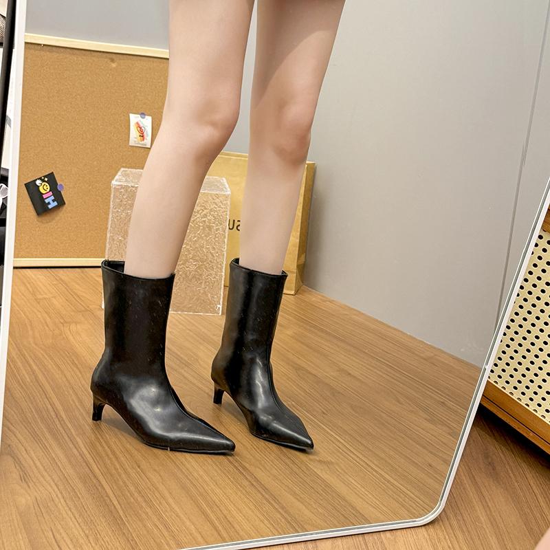 Pointed Toe Cat Heel Party Boots for Women Soft Leather PU Design Low Heel Wide Mouth French Style Ankle Boots Botines Mujer