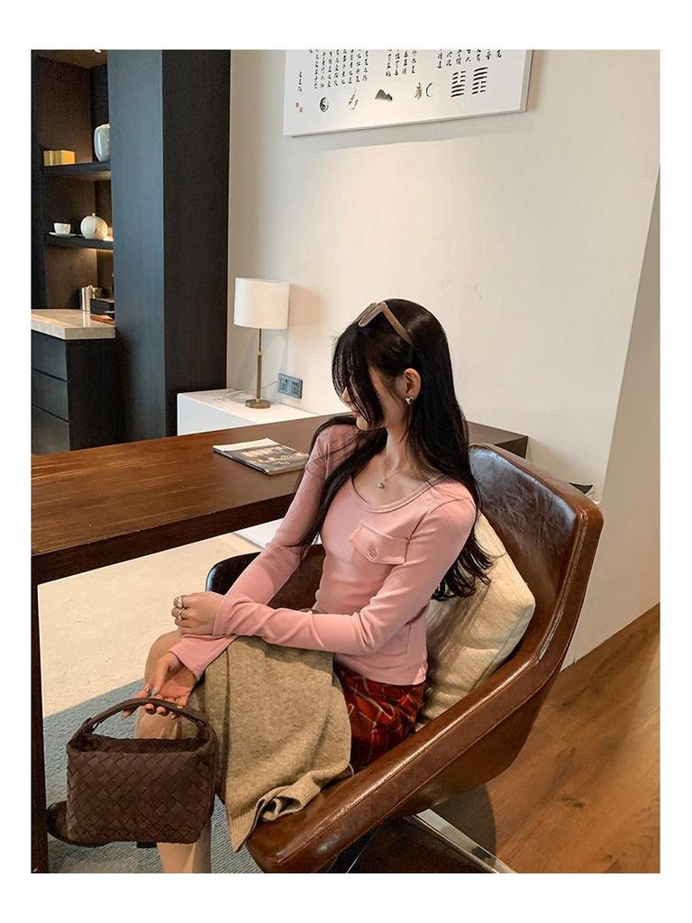 Korean Style Pink U-Neck Slimming Long-Sleeve Women's Base Layer Top for Autumn/Winter