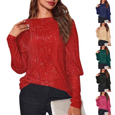Damenmode Locker Langarm Pailletten T-Shirt Top für Damen