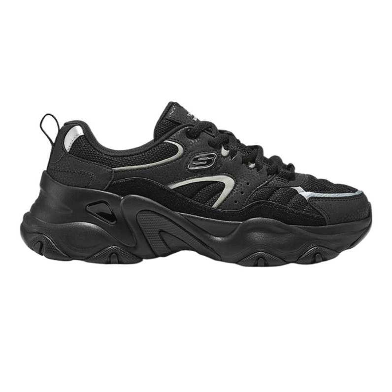 Skechers DLites Mesh Suede Solid Color Round Toe Cushioning Low Top Dad Shoes Women Sneakers 150830-BKSL