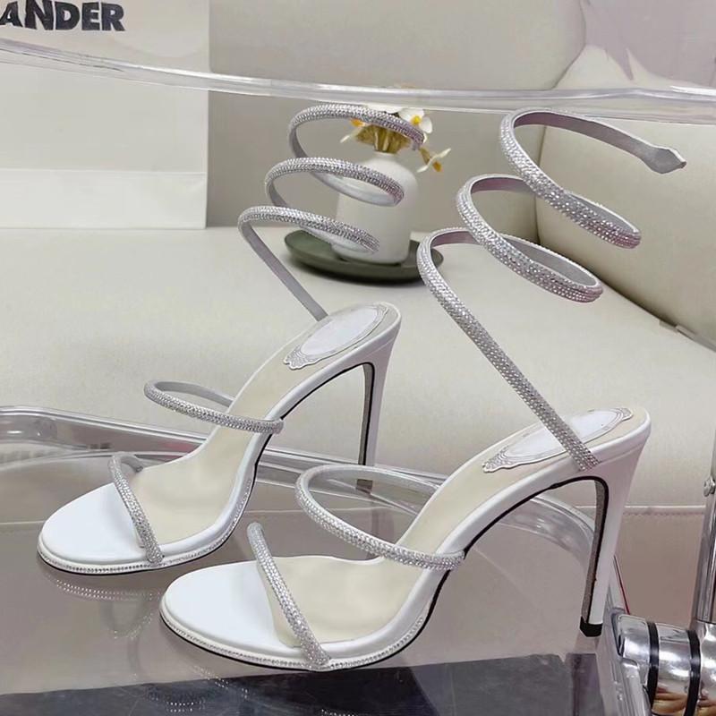 Fashion Luxury Rhinestones Snake Coiled Stiletto Heeled Women Gladiator Sandals 2024 Summer Silver Sole High Heels Banquet Wedding Shoes