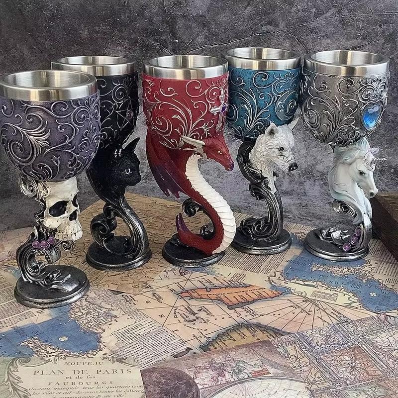 Gothic Dragon Wine Goblet Set Medieval Style Stainless Steel Lined Cup with Cross and Red Gem Perfect for Fantasy Lovers