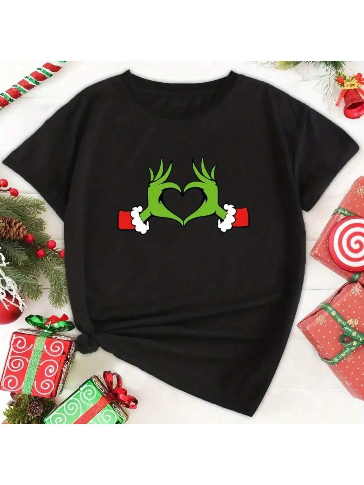 

Camiseta informal de Navidad para mujer talla grande con estampado de corazón y manga corta con cuello redondo, regalo de Navidad de moda XXXXXL