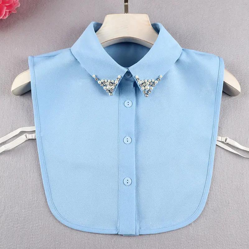 Fashion Ladies Fake Collar for Women Chiffon Fake Collar Rhinestone False Collar Lapel Detachable Button Half-Shirt Blouse Top